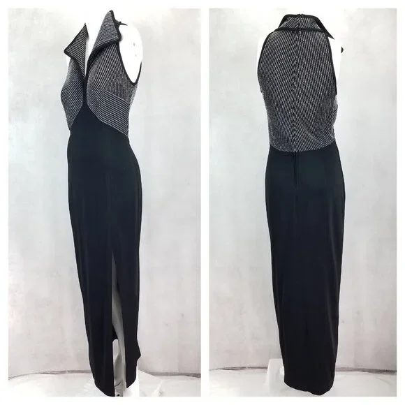 Tadashi Shoji Size M Long Maxi Evening Dress Front Slit Black / Silver Vintage - Picture 4 of 13